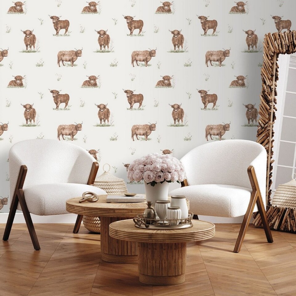 image 1 of Catherine Lansfield Angus Highland Cow Wallpaper | Cream | Cream | 1
