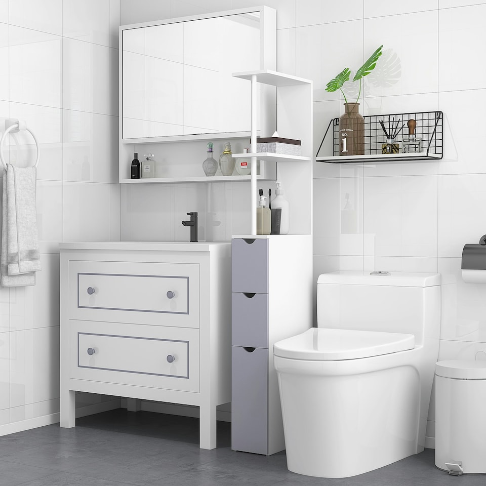 image 1 of HOMCOM Tall Bathroom Storage Cabinet with Shelf and Drawers, White, Grey