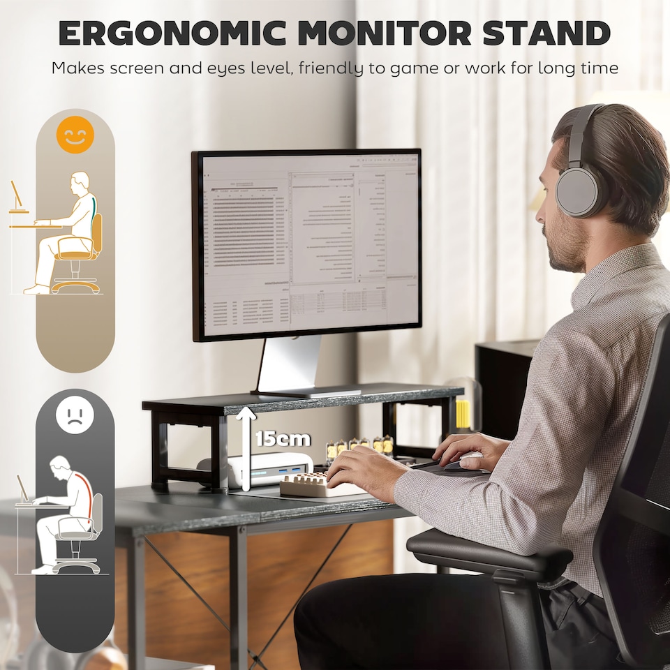 image 1 of HOMCOM 168cm Reversible L Shaped Desk, Industrial Corner Computer Desk with Adjustable Shelf and Storage Bag, 240cm 2 Person PC Table with Monitor Stand, Black | Black