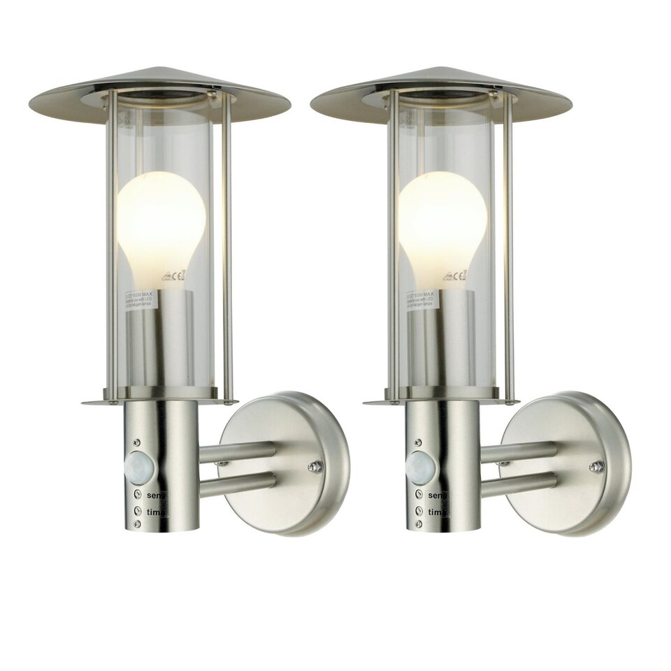 image 1 of Set of 2 Treviso - Brushed Stainless Steel Motion Sensor Outdoor Security Lights | Grey | Clear | 2
