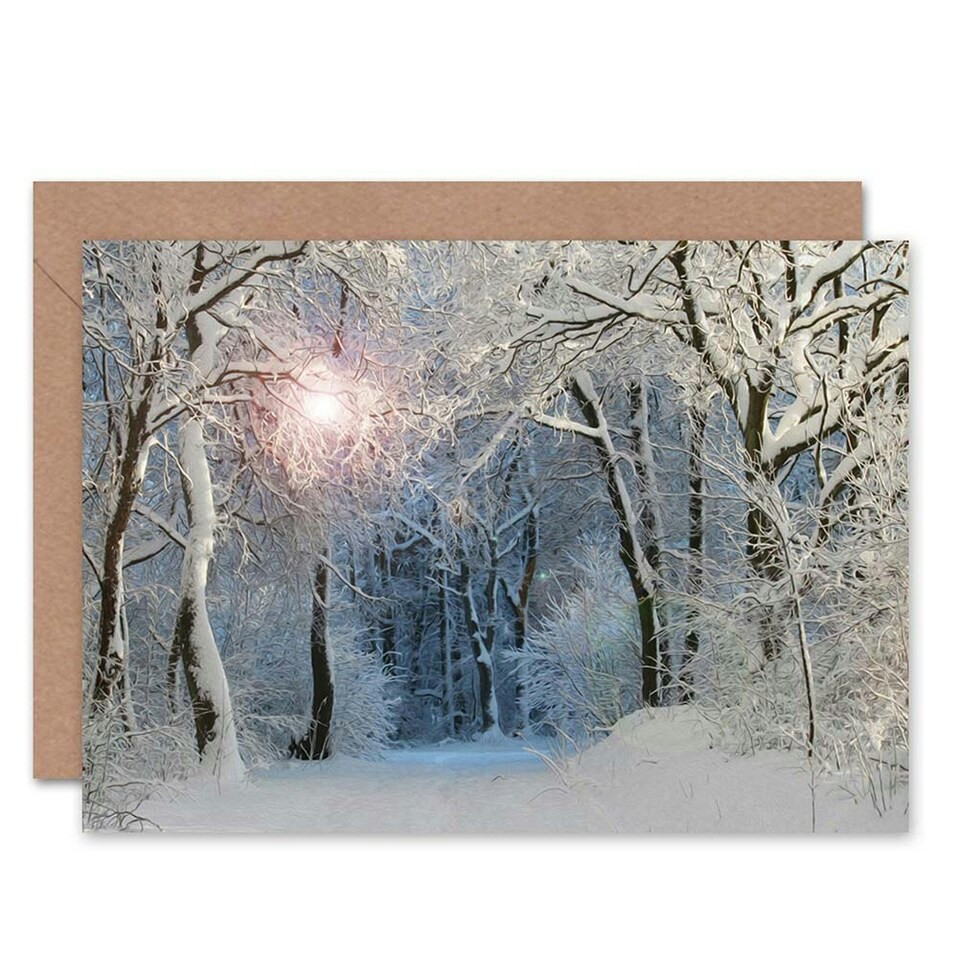 image 1 of Winter Forest Trail Landscape Snow Covered Trees Nature Greeting Card