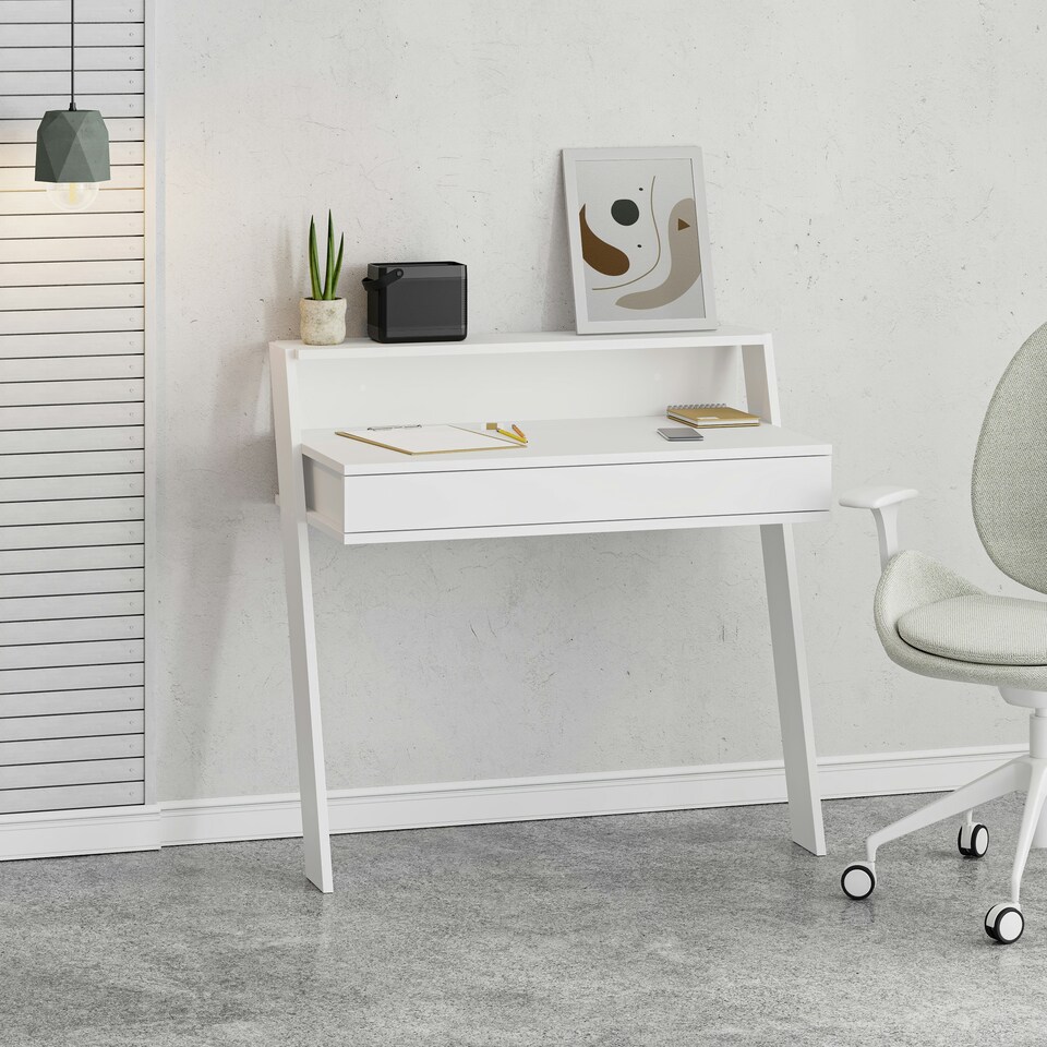 image 1 of Cowork Modern Desk White Wall Mounted With Drawer 94cm Wide White