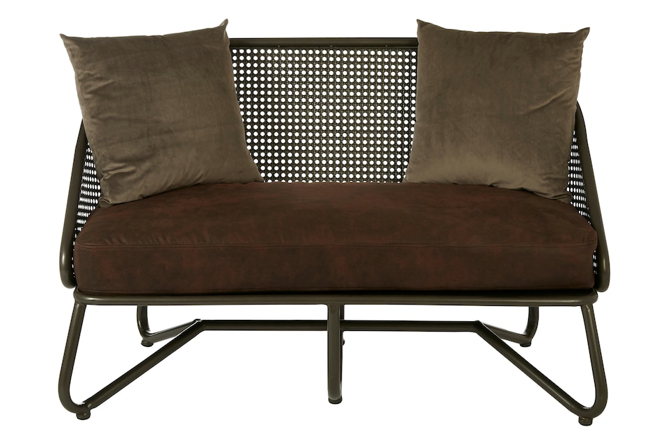 image 1 of 2 Seat Sofa With Curved Legs,Faux Upholstered Couch With Open Lattice Backrest,Two Seater Sofa For Patio | Brown | Two Seater