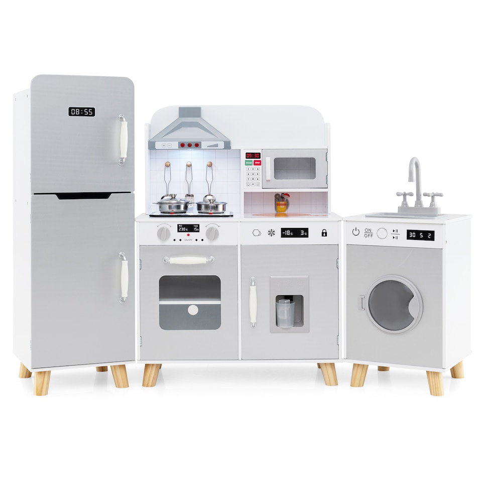 image 1 of COSTWAY Modular Kids Kitchen Playset Corner Chef Pretend Kitchen Toy-Grey