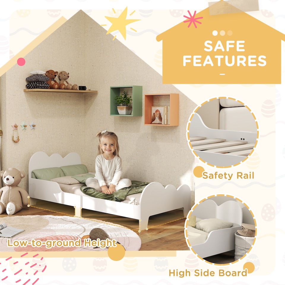 image 1 of AIYAPLAY Cloud-Themed Toddler Bed with Safety Rails, 143.5 x 74.5 x 56cm