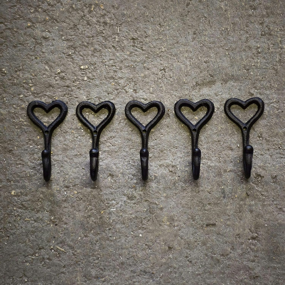 image 1 of Marco Paul  Set of 5 iron Wall Mounted Love Heart Coat Rack and Hooks Home Décor Black | One Size