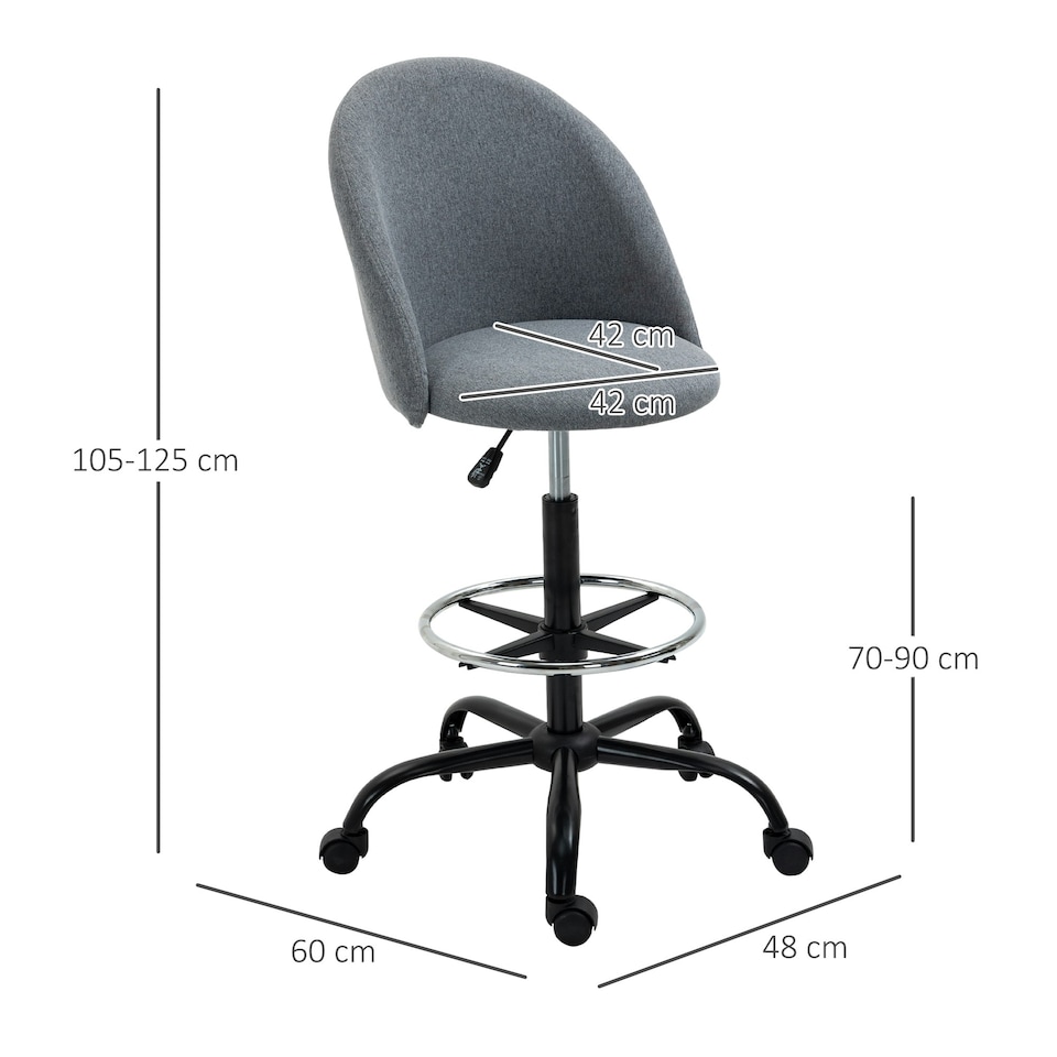 image 1 of Vinsetto Draughtsman Chair Home Office Ergonomic 5 Wheels Padded Seat Grey