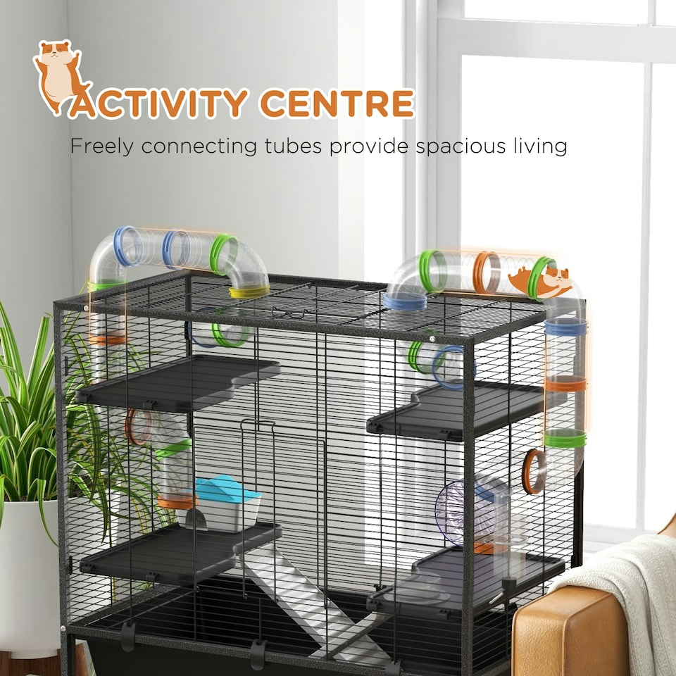 image 1 of PawHut Large Hamster Cage, Rat Cage w/ Wheels, Tubes, Storage Shelf, Ramps