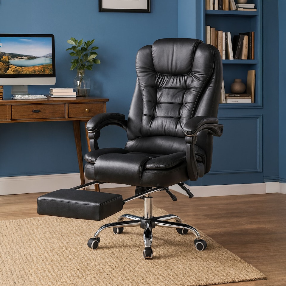 image 1 of Neo Office Chair Brown Faux Leather with Massage Function & Footrest | Black