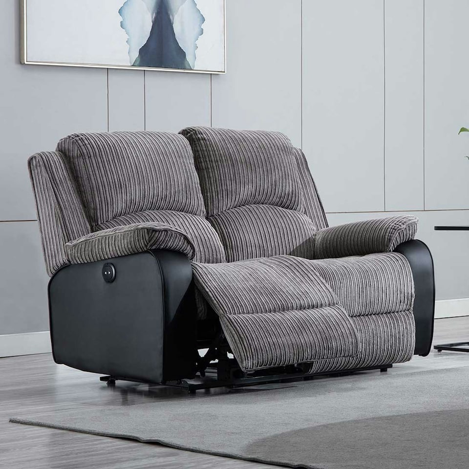 image 1 of Postana 2 Seater Electric High Back Jumbo Cord Fabric Recliner Sofa (Grey)