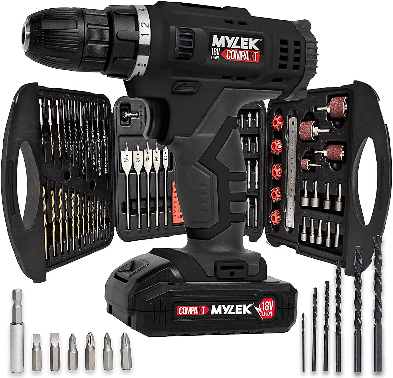 MYLEK 18V Cordless Drill Li-ion Electric Driver Set With 131 Accessory Set in Black