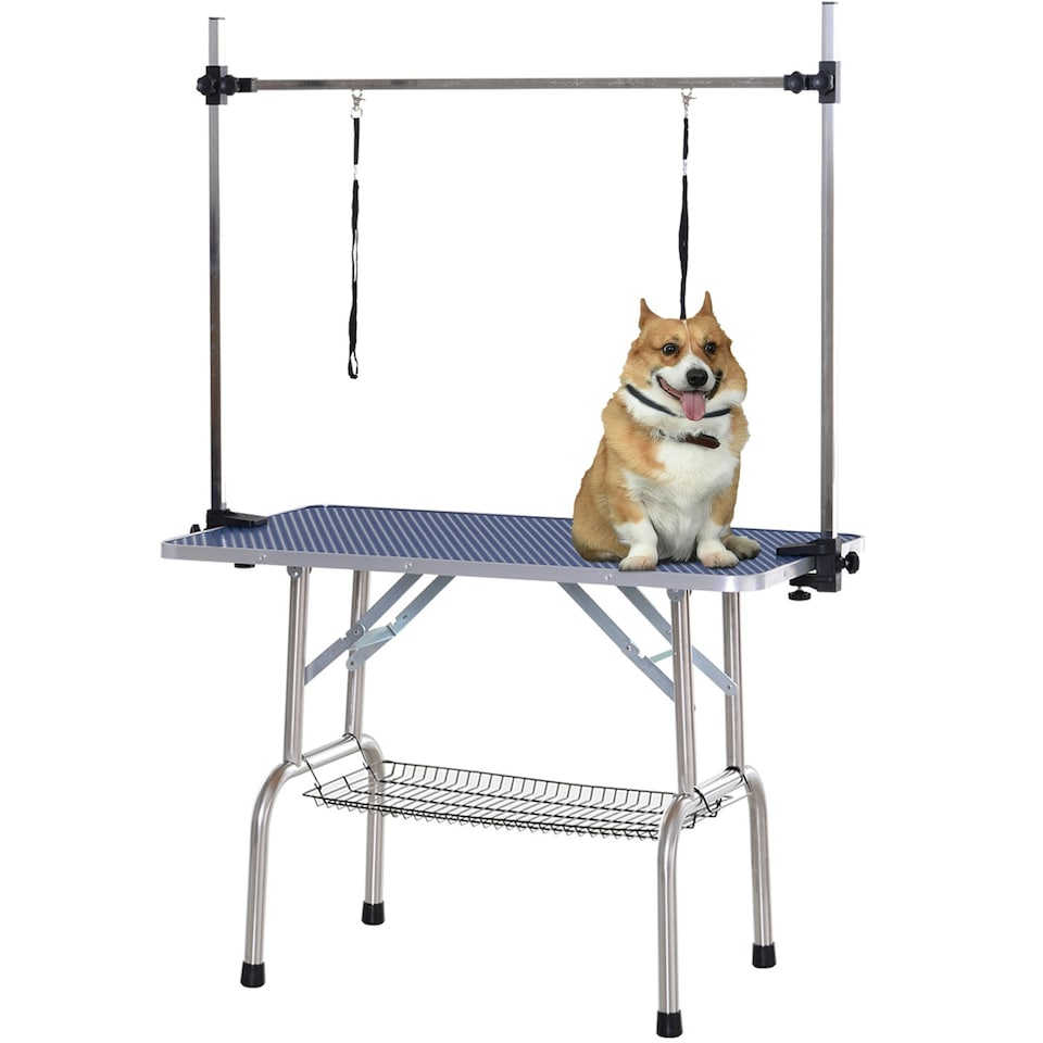 image 1 of PawHut Metal Adjustable Dog Grooming Table Rubber Top 2 Safety Slings Mesh