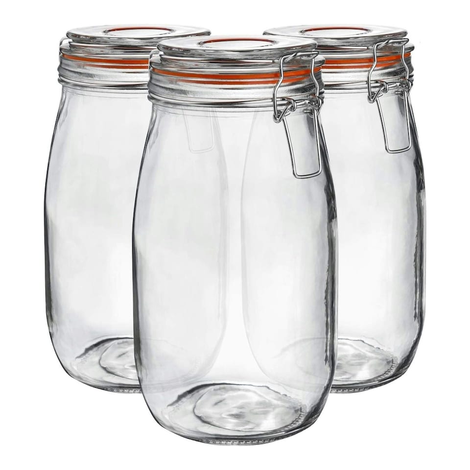 image 1 of 1.5L Pack of 3 Canisters Glass Storage Jars with Airtight Silicone Seal Metal Clip Top Lids