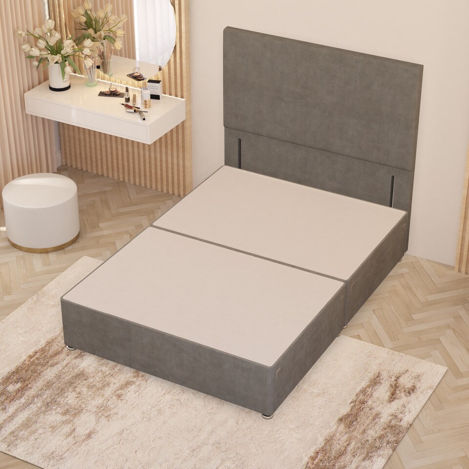 image 1 of Divan Bed Base with 2 Drawers & Plain Floor Standing Headboard Plush Velvet | Silver | Silver