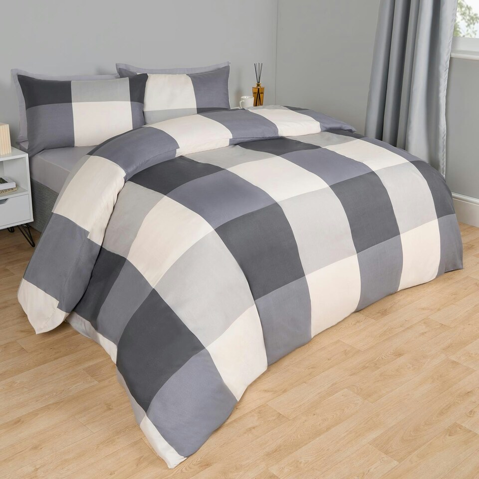 image 1 of OHS Gingham Check Reversible Duvet Cover and Pillowcase Bedding Set, Double - Grey