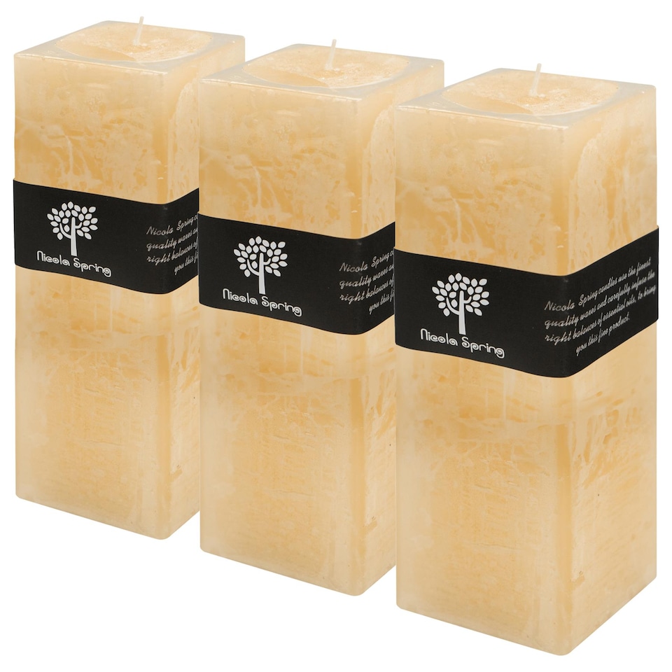 image 1 of Nicola Spring Square Vanilla Pillar Candles - 110 Hours - Cream - Pack of 3 | Cream | Beige