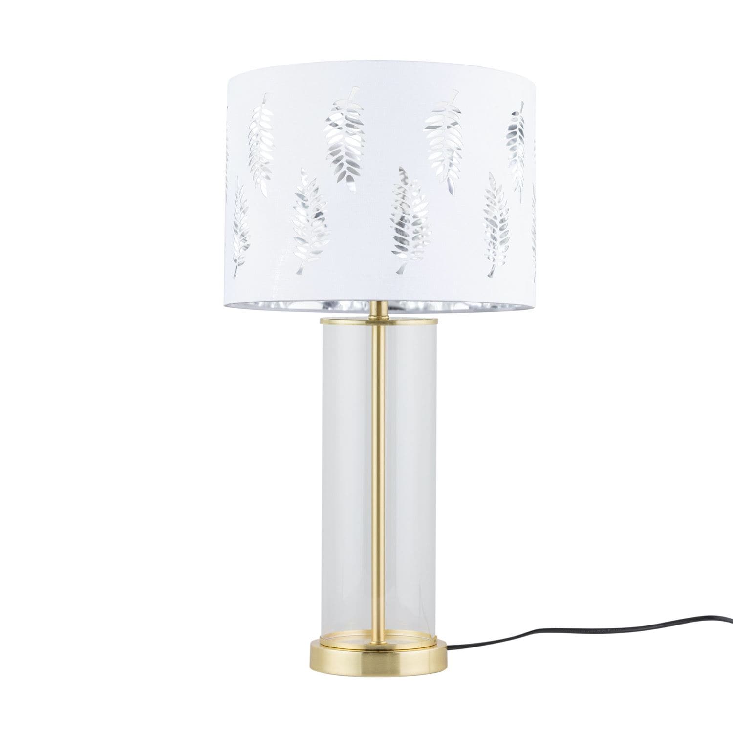 First Choice Lighting Aura - Satin Brass Table Lamp with White Fern Cut Out Silver Shade in Gold
