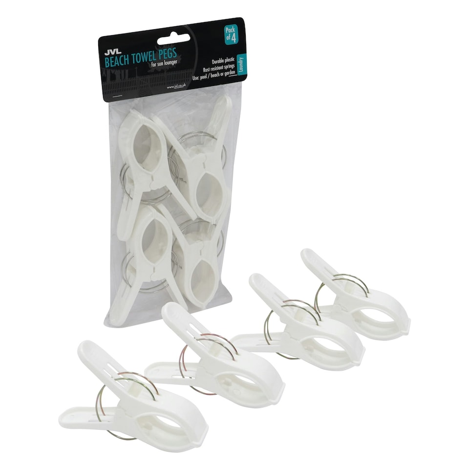 image 1 of JVL Large Clamp Clip Beach Towel Pegs, Pack of 4, White, One Size
