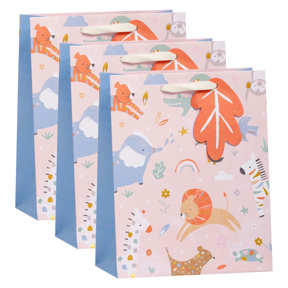 image 1 of Multipack of 3 Medium Gift Bags | Party Bags for Presents | New Baby Girl | For Parents | Cute Animals Design Pink