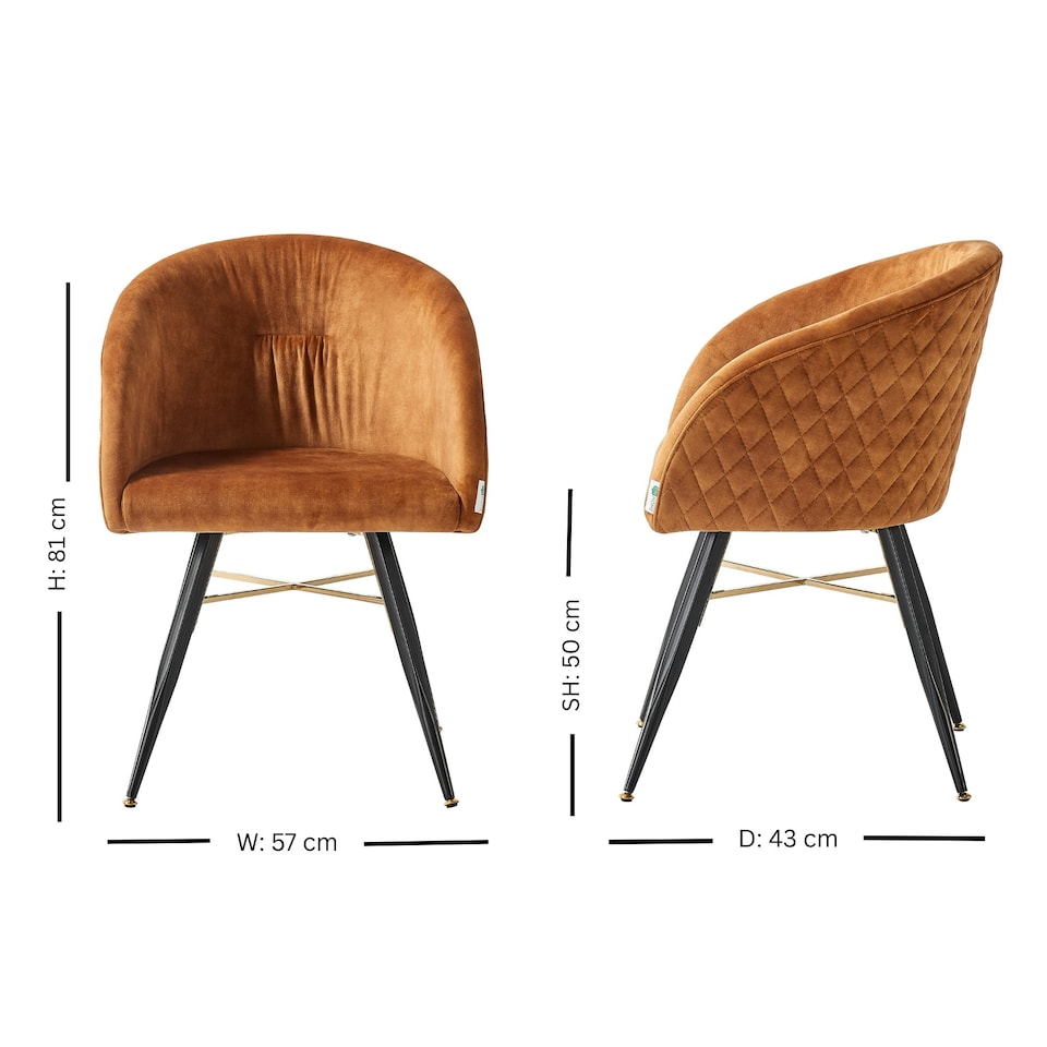 image 1 of Set of 2 Vittorio Velvet Dining Chairs with Black Metal Legs, Quilted Design Modern Accent Chair | Yellow