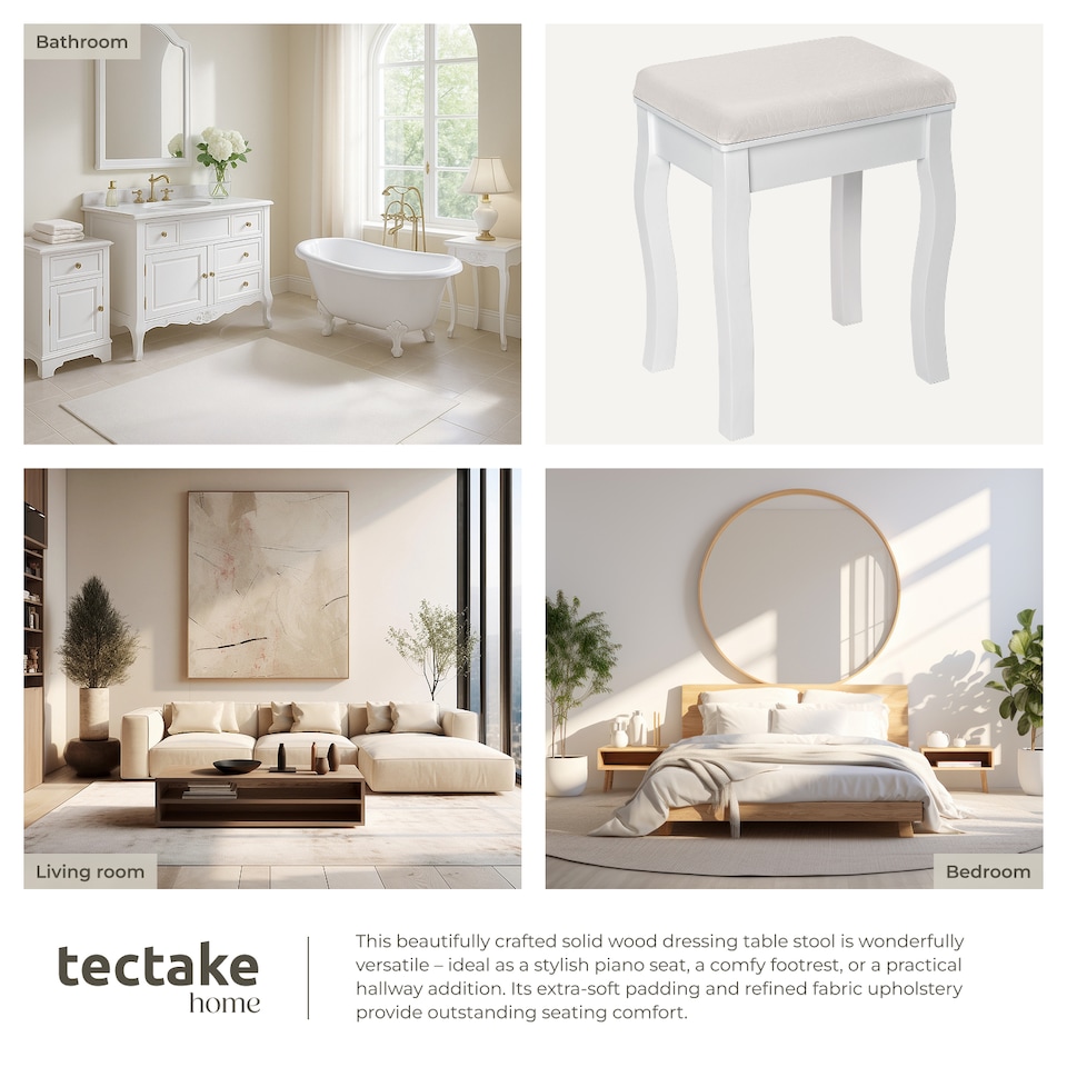 image 1 of Dressing Table Stool - padded, with solid wood legs, rose pattern