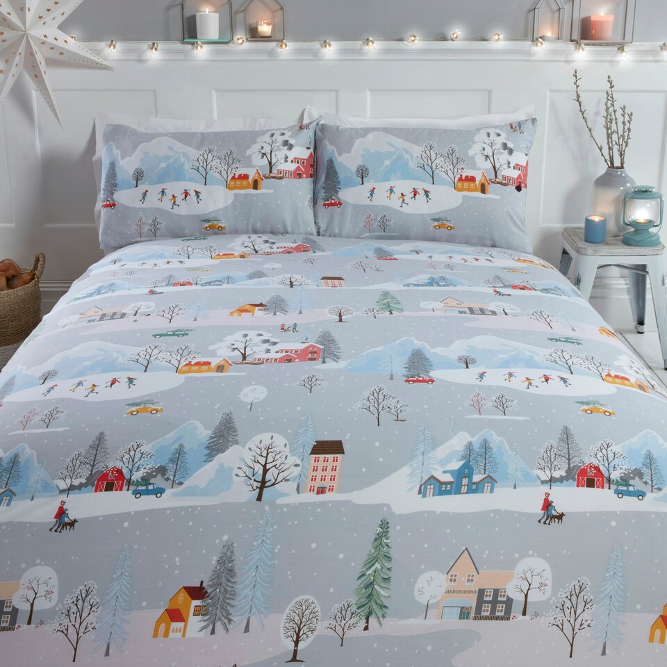 image 1 of Winter Town Polycotton Duvet Cover Set with Pillowcase Multi | Double