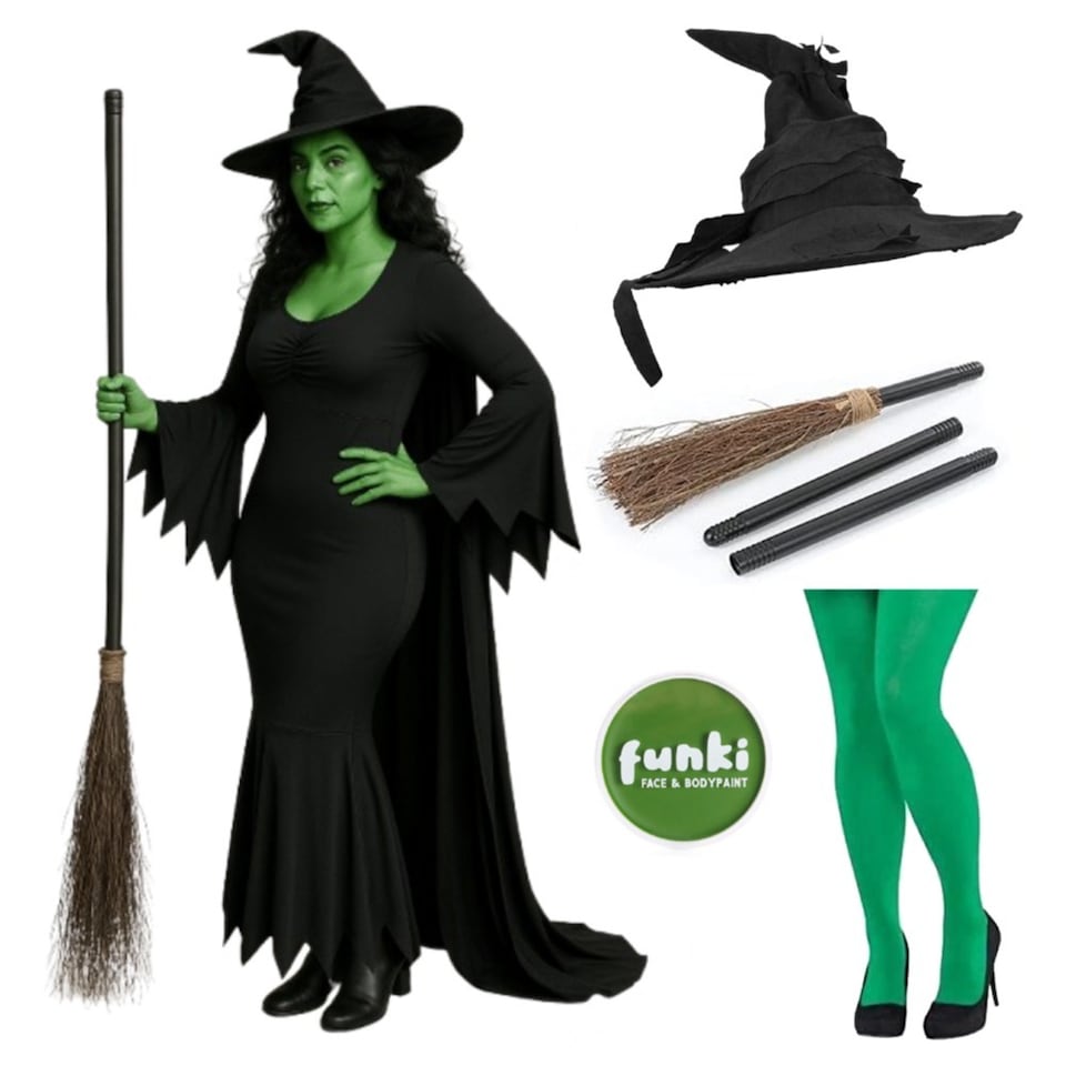 image 1 of Deluxe Witch Costume Dress, Tights, Cape, Hat, Broom & Face Paint | Multi | M