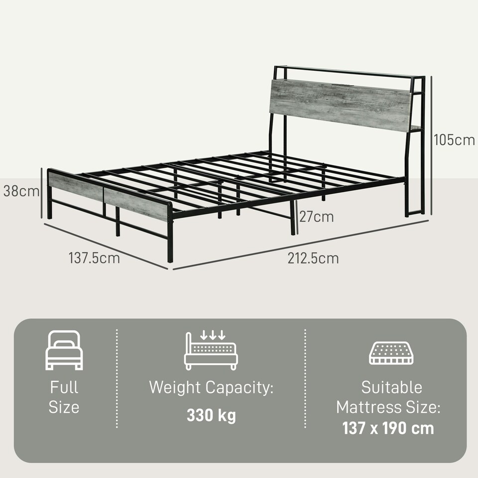 image 1 of HOMCOM LED Double Bed Frame with Charging Station, 135 x 190cm, Cement Grey