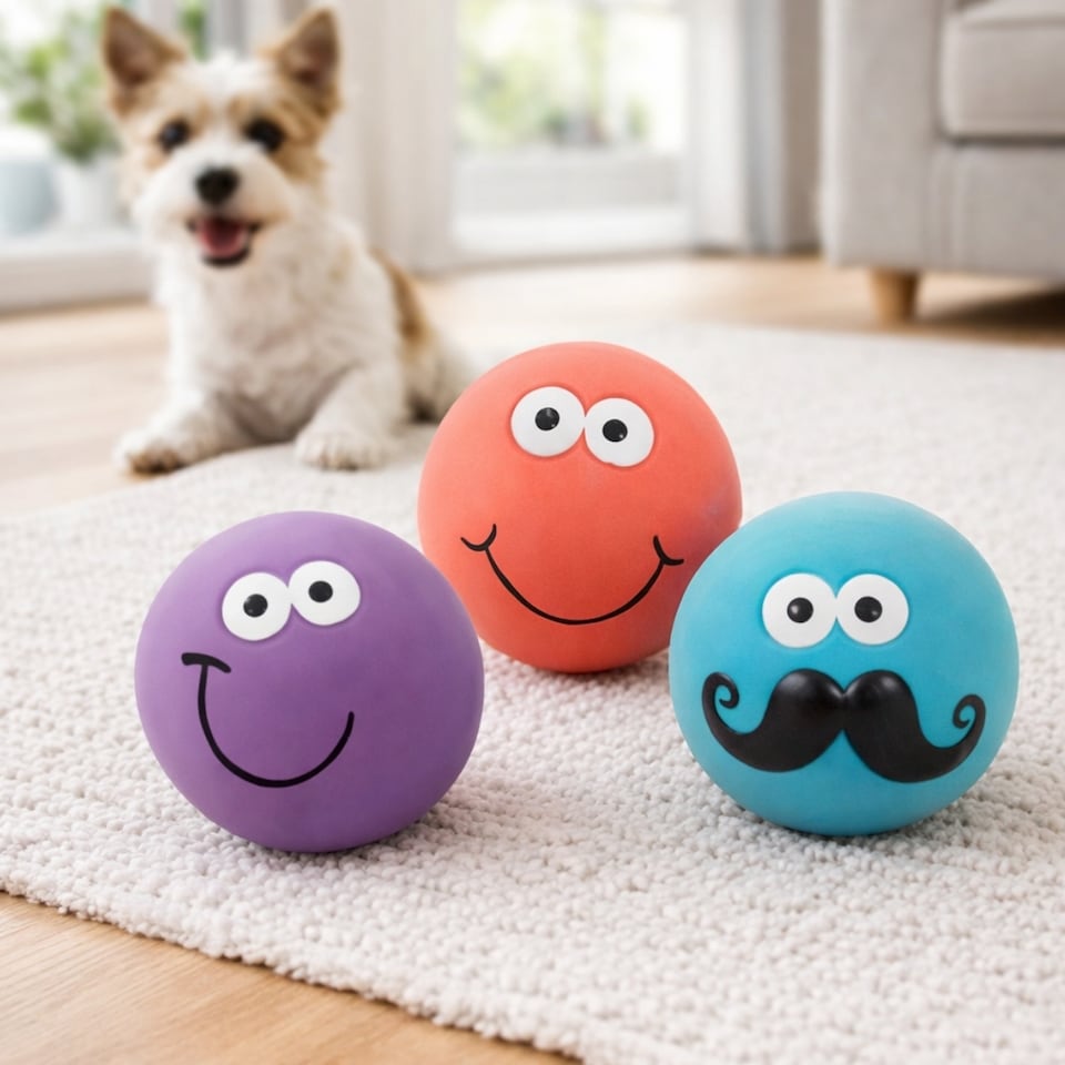 image 1 of Set of 3 Squeaky Dog Balls Latex Pet Puppy Fetch Play Chew Smiley Face Design