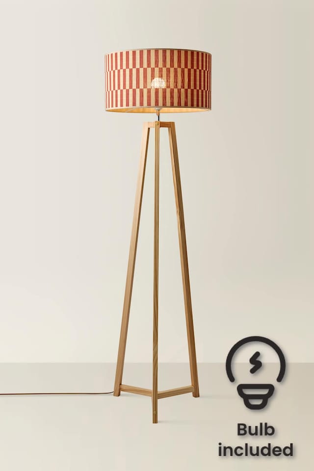 image 1 of ValueLights Lottie Natural Wood Tripod Floor Lamp Orange Check Bamboo Shade and Bulb