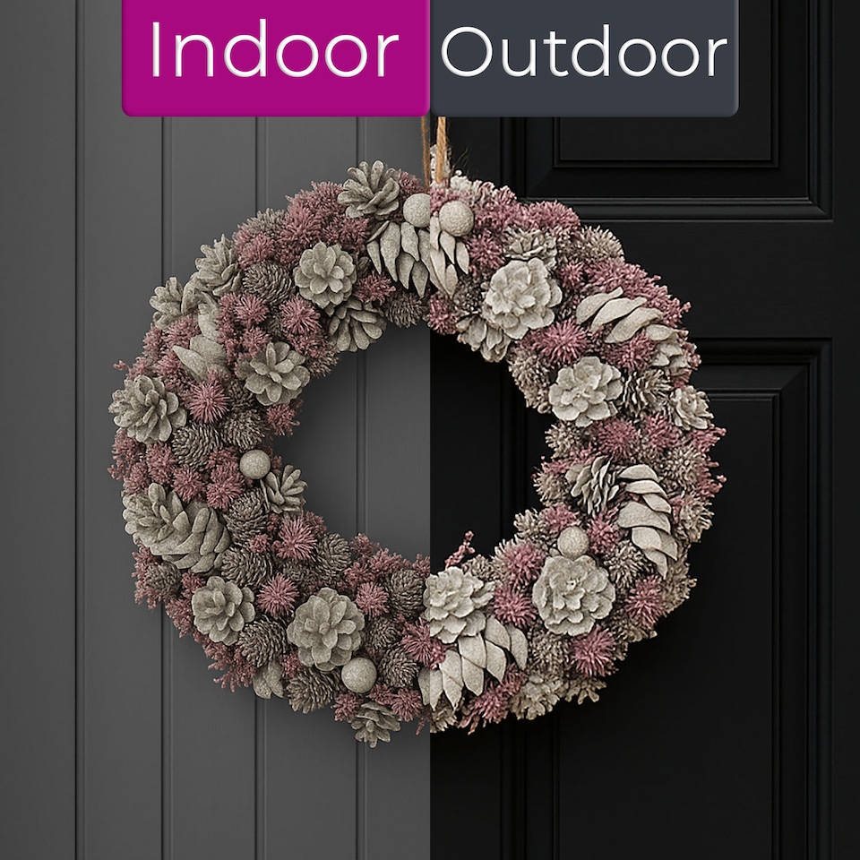 image 1 of Neo Luxury Extra Large Frosted Pinecone Winter Wreath 50cm Home Artificial Christmas Festive Front Door Decoration | Grey | Pink Grey