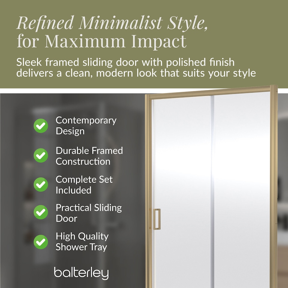 image 1 of Balterley Sliding Shower Suite with Safety Glass Door, Side Panel & Tray | Copper | Brushed Brass | 3