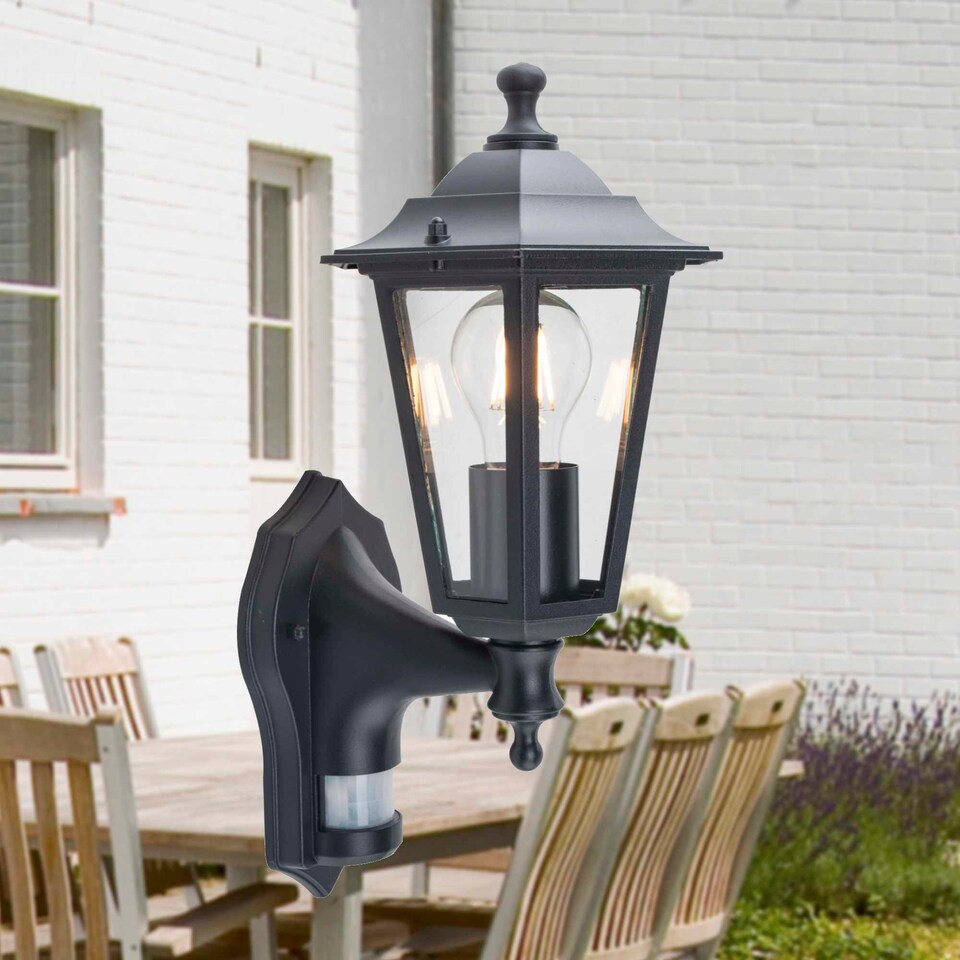 image 1 of Eversham - Black Six Sided Lantern Motion Sensor Outdoor Light | Black | Clear | 1