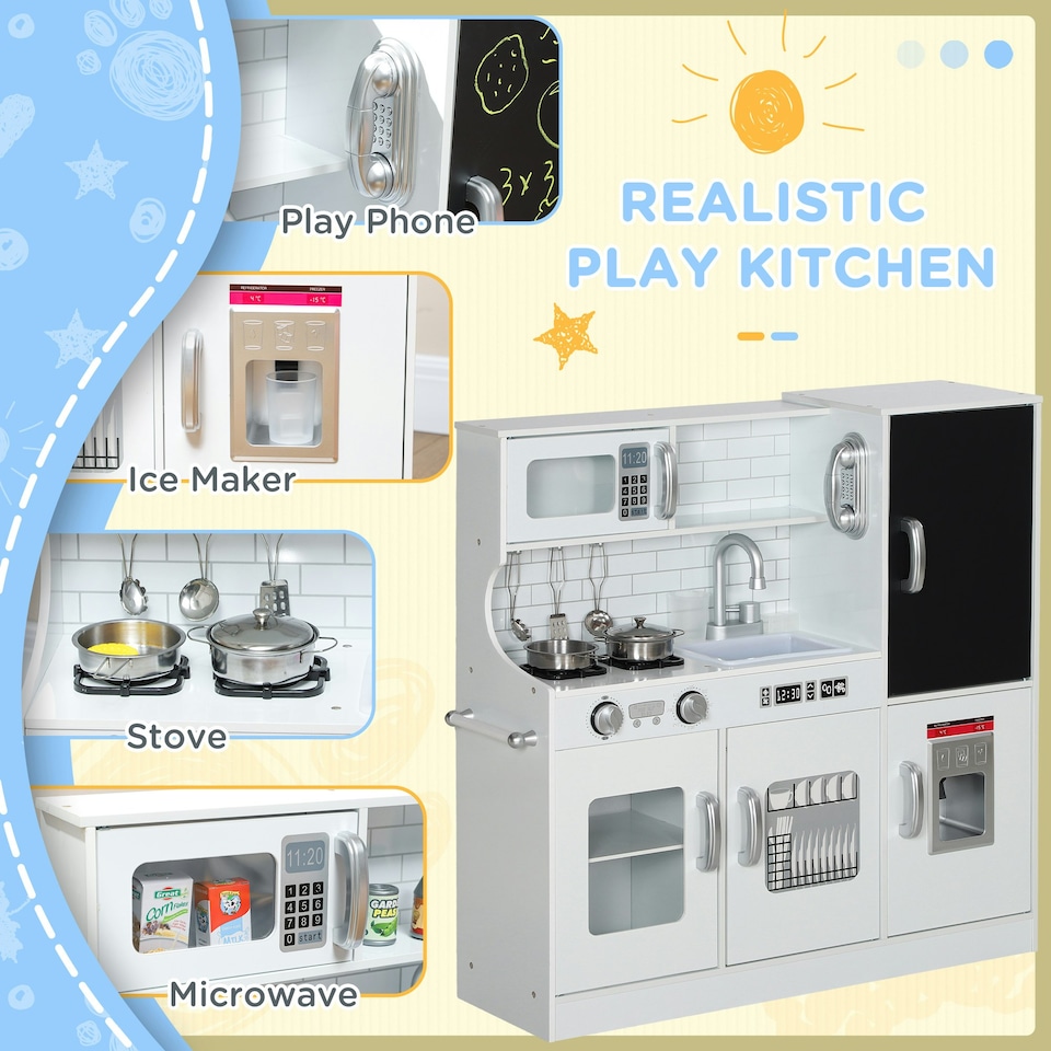 image 1 of AIYAPLAY Play Kitchen, Pretend Toy Kitchen with Toy Phone, Chalkboard, White