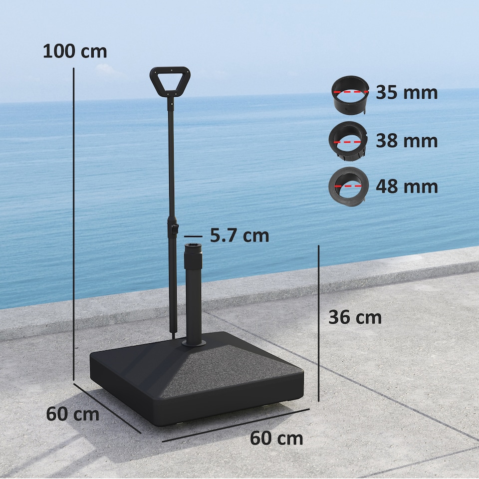 image 1 of Outsunny Garden Parasol Base with Adjustable Wheels and Handle, Garden Sun Umbrella Base Parasol Stand, Filled Up to 55kg with Stand, 45kg with Water for 35, 38, 48 mm Poles, Black