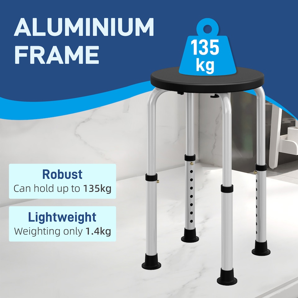 image 1 of HOMCOM Shower Chair, Adjustable Height Shower Stool with Aluminium Frame and Non-Slip Feet, Bathtub Stool Seat for Elderly Disabled Handicap, Black