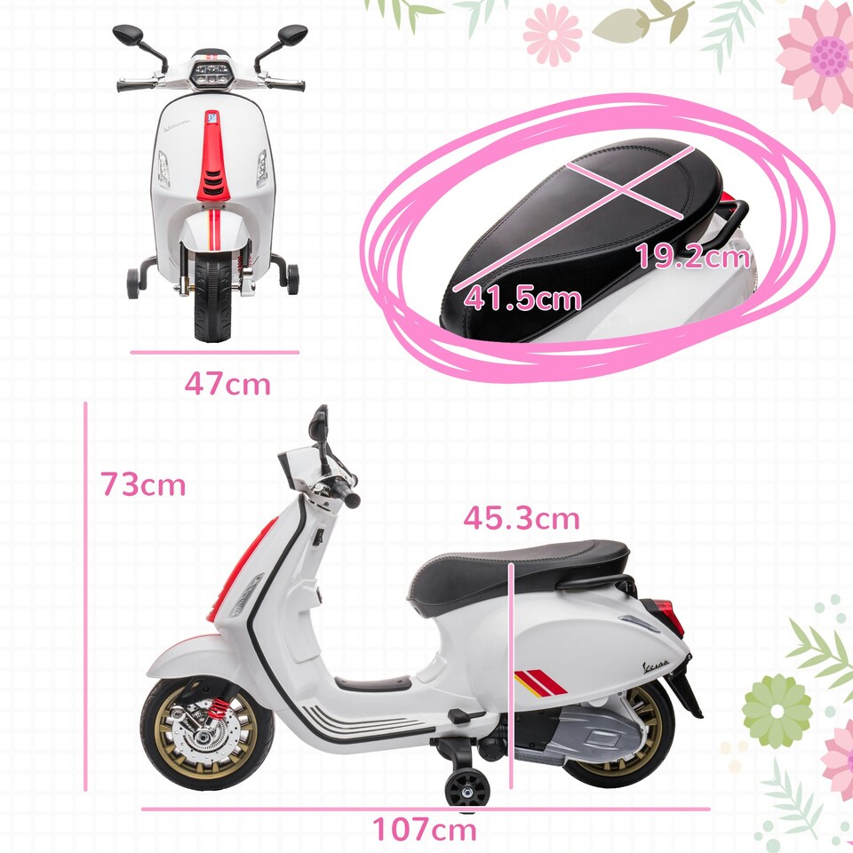 image 1 of AIYAPLAY Vespa Licensed 12V Kids Electric Bike w/ 2 Training Wheels, White