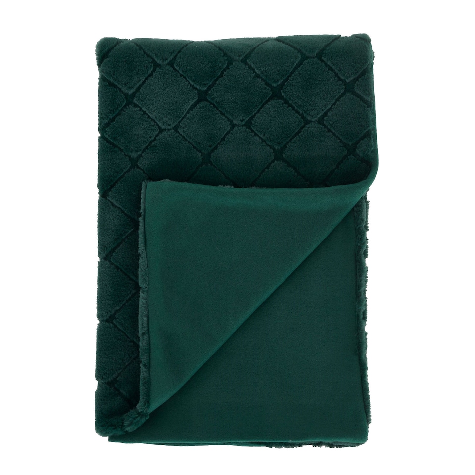image 1 of Catherine Lansfield Cosy Diamond Faux Fur Soft Blanket Throw | Green | Bottle Green