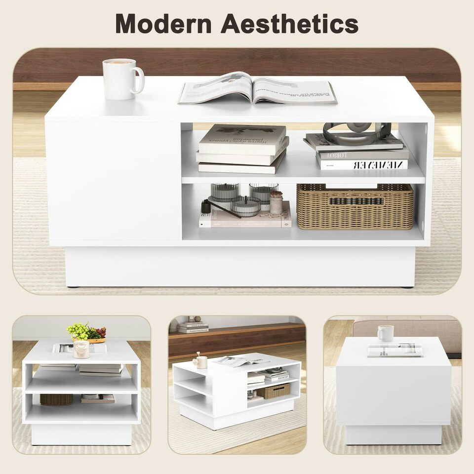 image 1 of COSTWAY Modern Coffee Table w/Storage Shelves White White