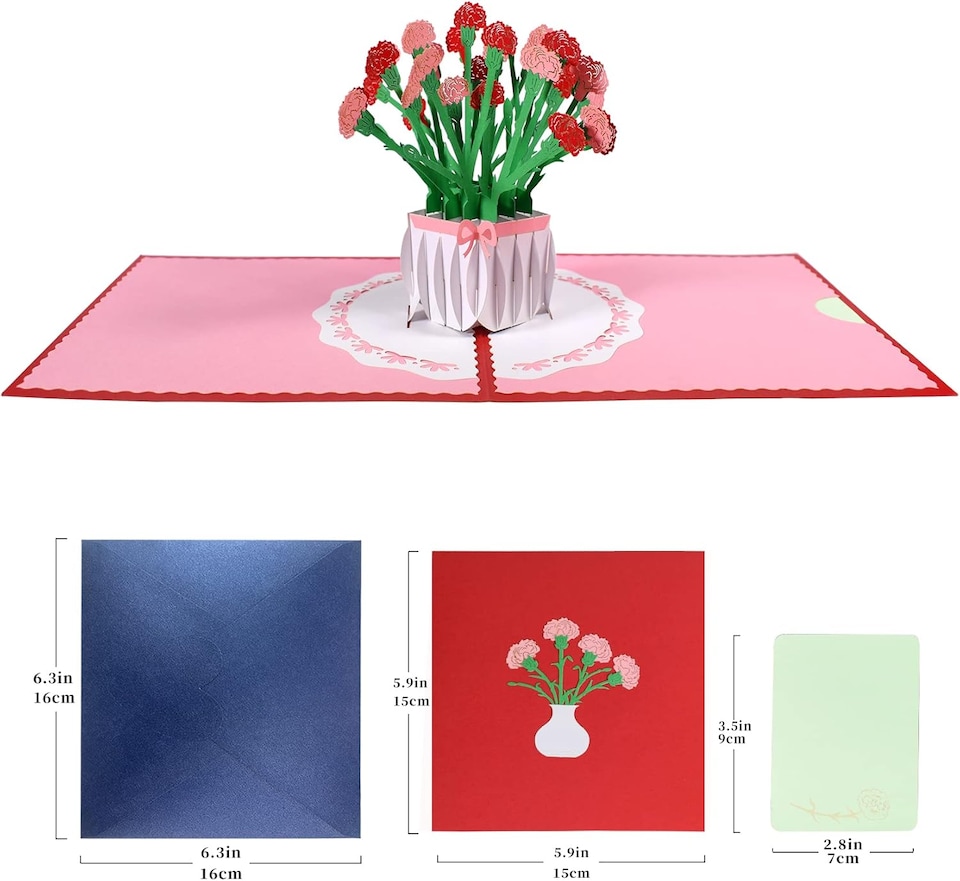 image 1 of Carnation Vase 3D Pop Up Greeting Card - Mother's Day Anniversary Birthday Get Well