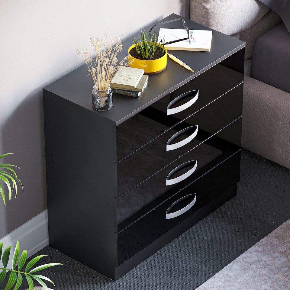 image 1 of Vida Designs Hulio 4 Drawer Chest of Drawers High Gloss Bedroom Storage, Black