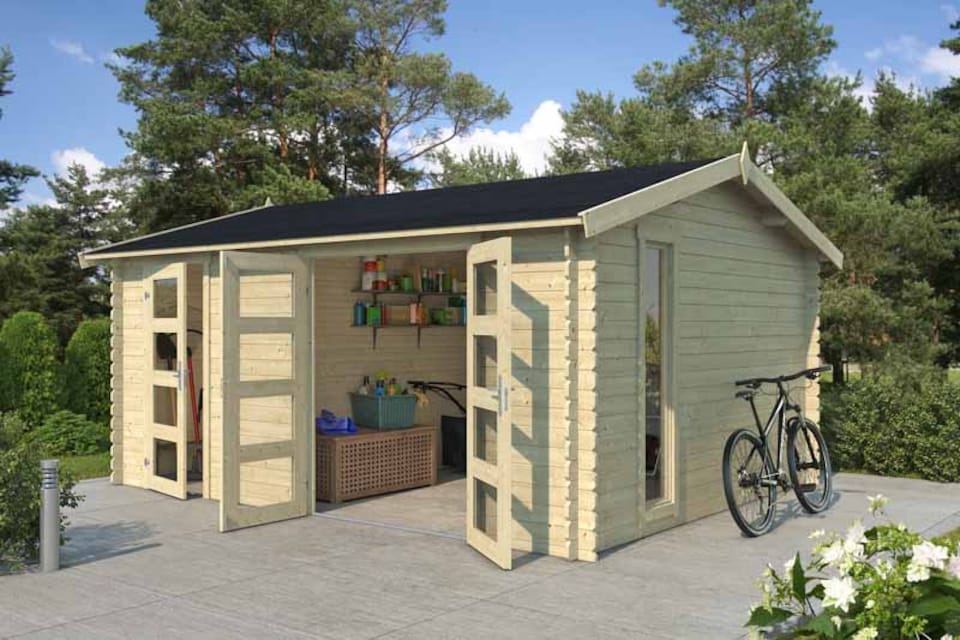 image 1 of Carroz 2-Log Cabin, Wooden Garden Room, Timber Summerhouse, Home Office - L496 x W403.4 x H250.8 cm | Brown