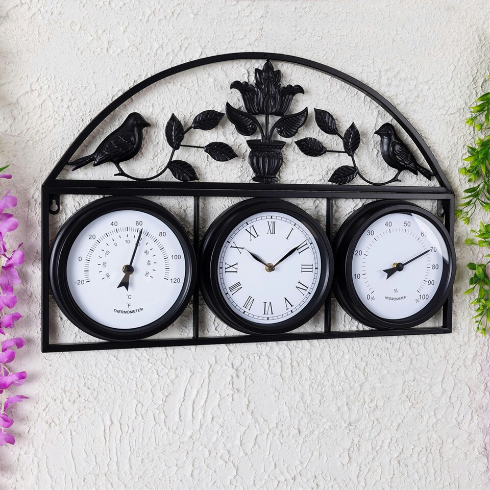 image 1 of Charles Bentley Shabby Chic Dark Grey Wall Clock With Thermometer & Hygrometer