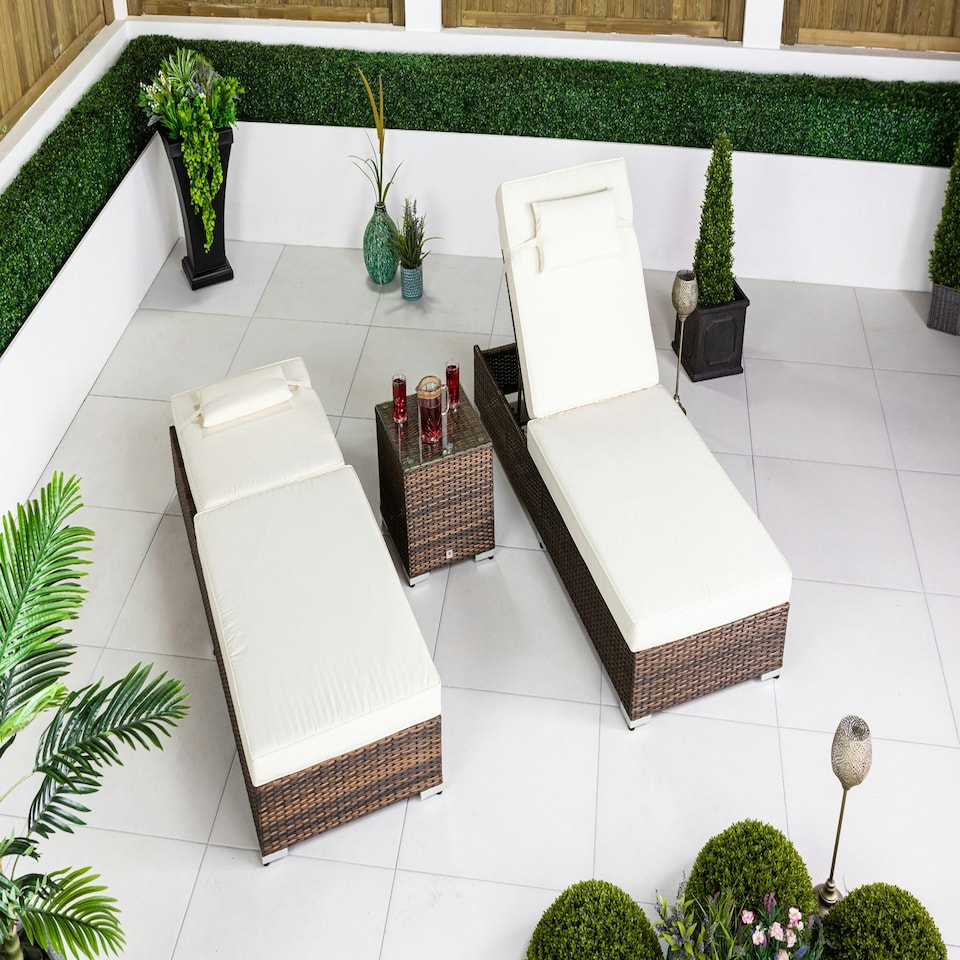 image 1 of Giardino Set of 2 Sun Loungers & Table Set Brown | Ivory