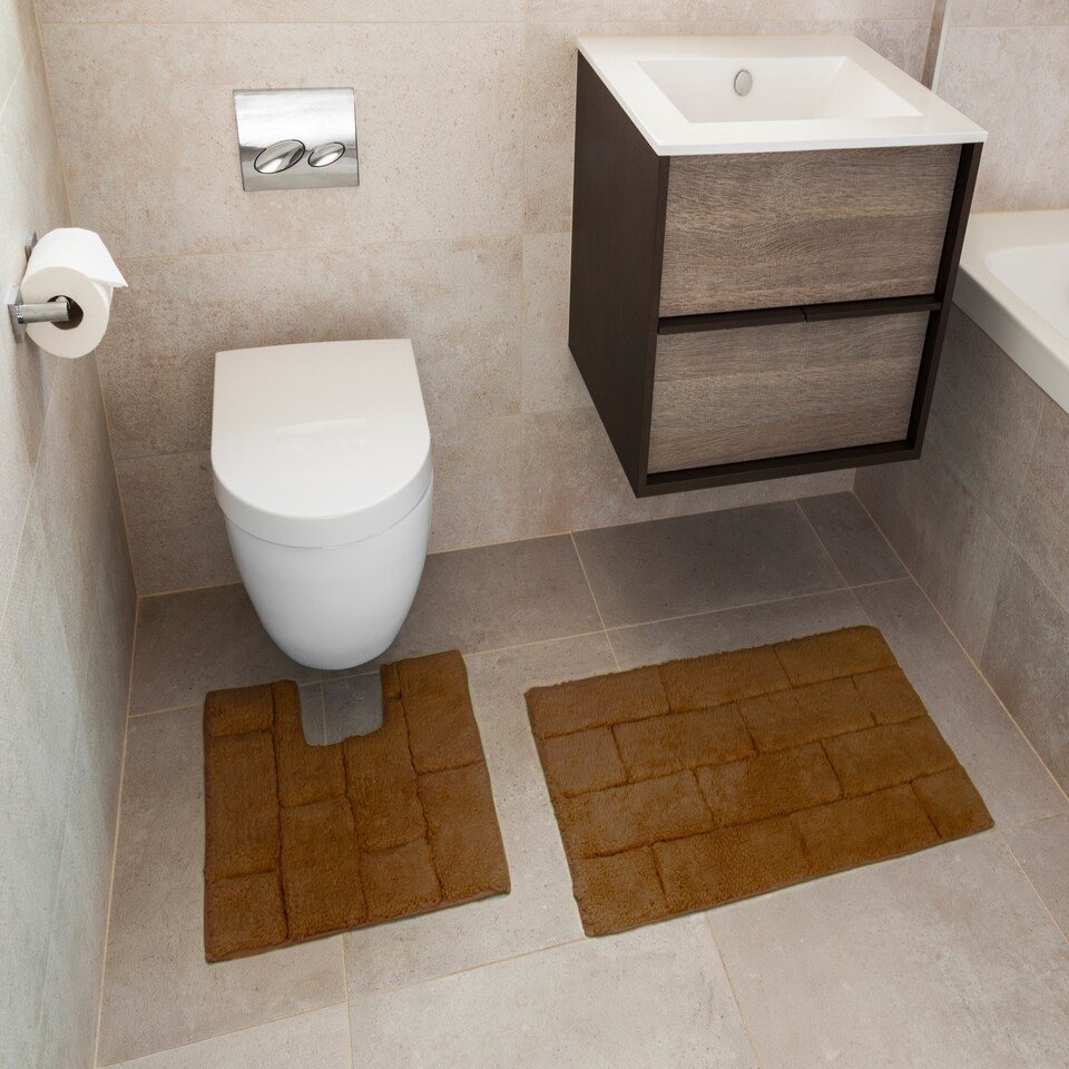 Text 2 Piece Bathroom Cotton Mat and Pedestal Set | Brown