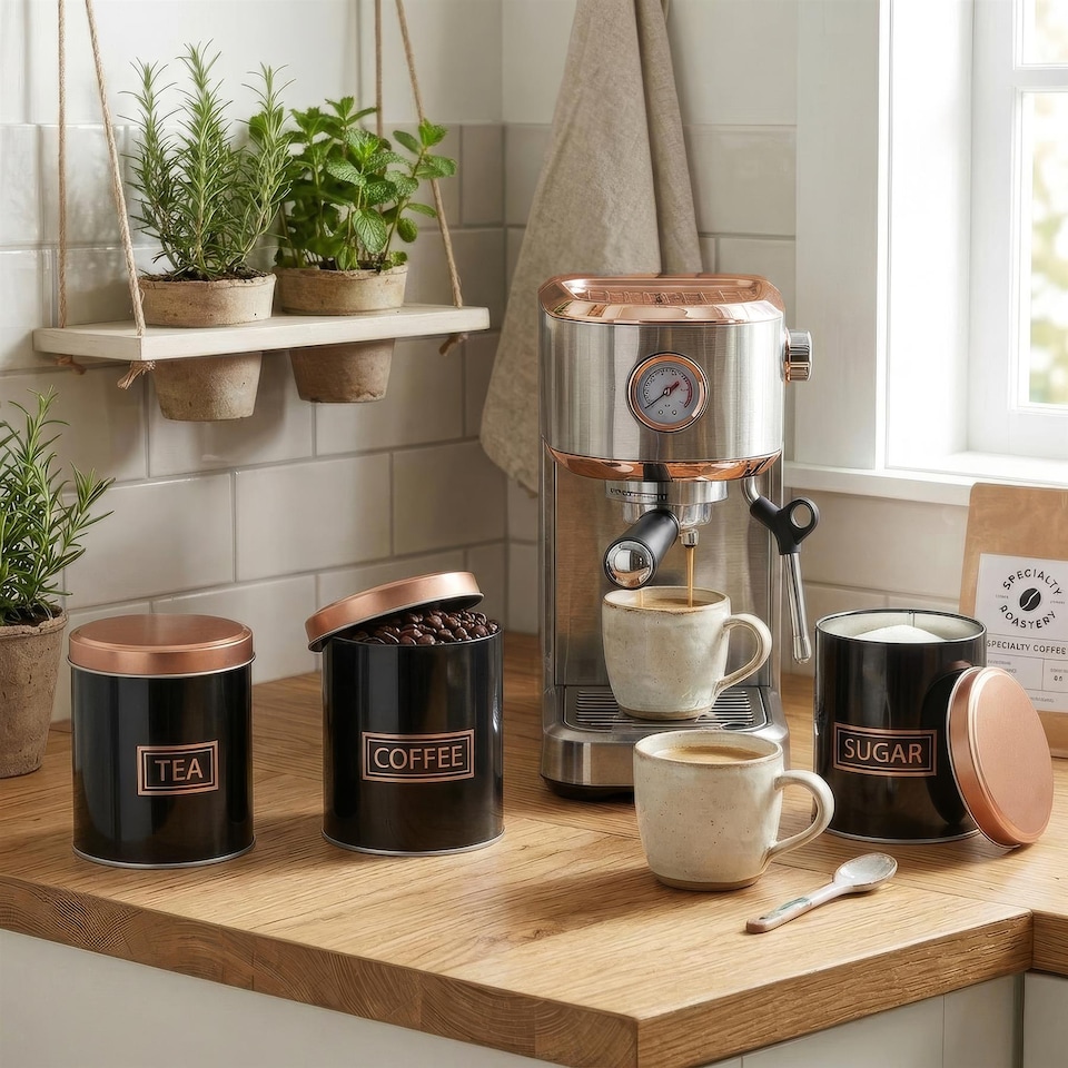 image 1 of Harbour Housewares 3pc Tea Coffee Sugar Canister Set - Round Metal Airtight Kitchen Canister Tin Pots