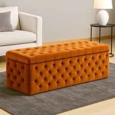 90cm Wide Lux Ottoman Storage Box, Burnt Orange Velvet Upholstered Chesterfield Storage Ottoman Box