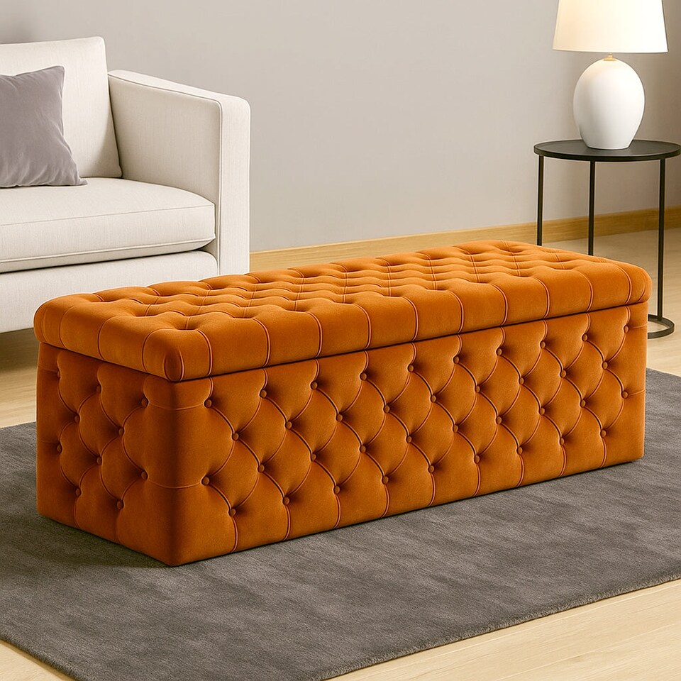 image 1 of 90cm Wide Lux Ottoman Storage Box, Burnt Orange Velvet Upholstered Chesterfield Storage Ottoman Box