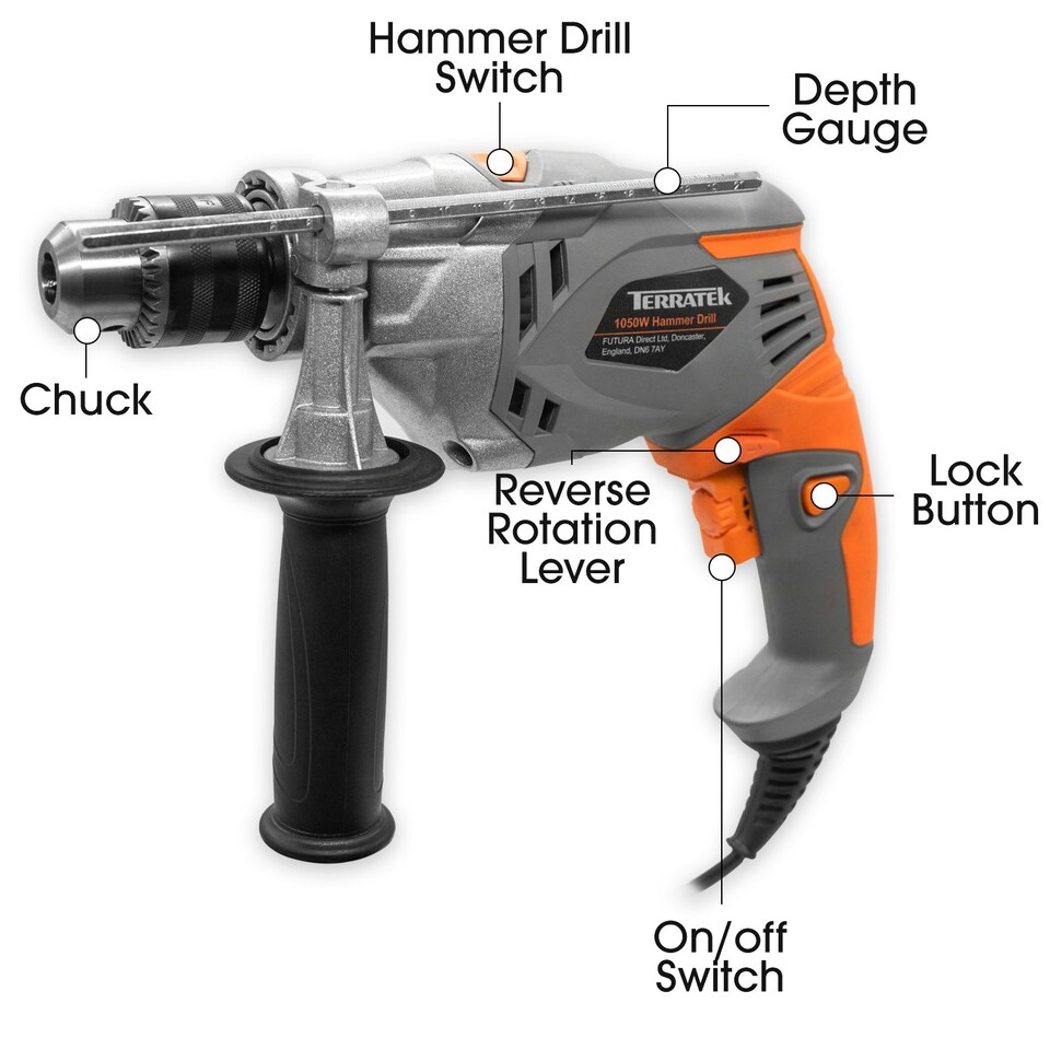 image 1 of Terratek Electric Corded Hammer Drill 1050W, Variable Speed Auxiliary Handle Included