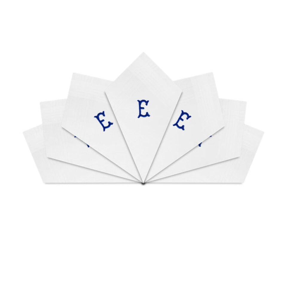 image 1 of Warwick & Vance 7 Pack White Satin Bordered Handkerchiefs with Embroidered Initials, Letter E